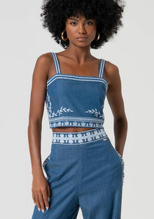  Top Cropped Chambray Bordados FRACOMINA