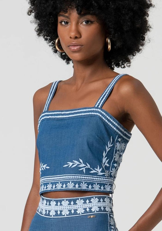 Top Cropped Chambray Bordados FRACOMINA